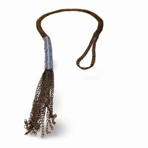 Antique Gold Tone 31”Faceted Caviar Beaded Fringe Tassel Chain Necklace JW1541